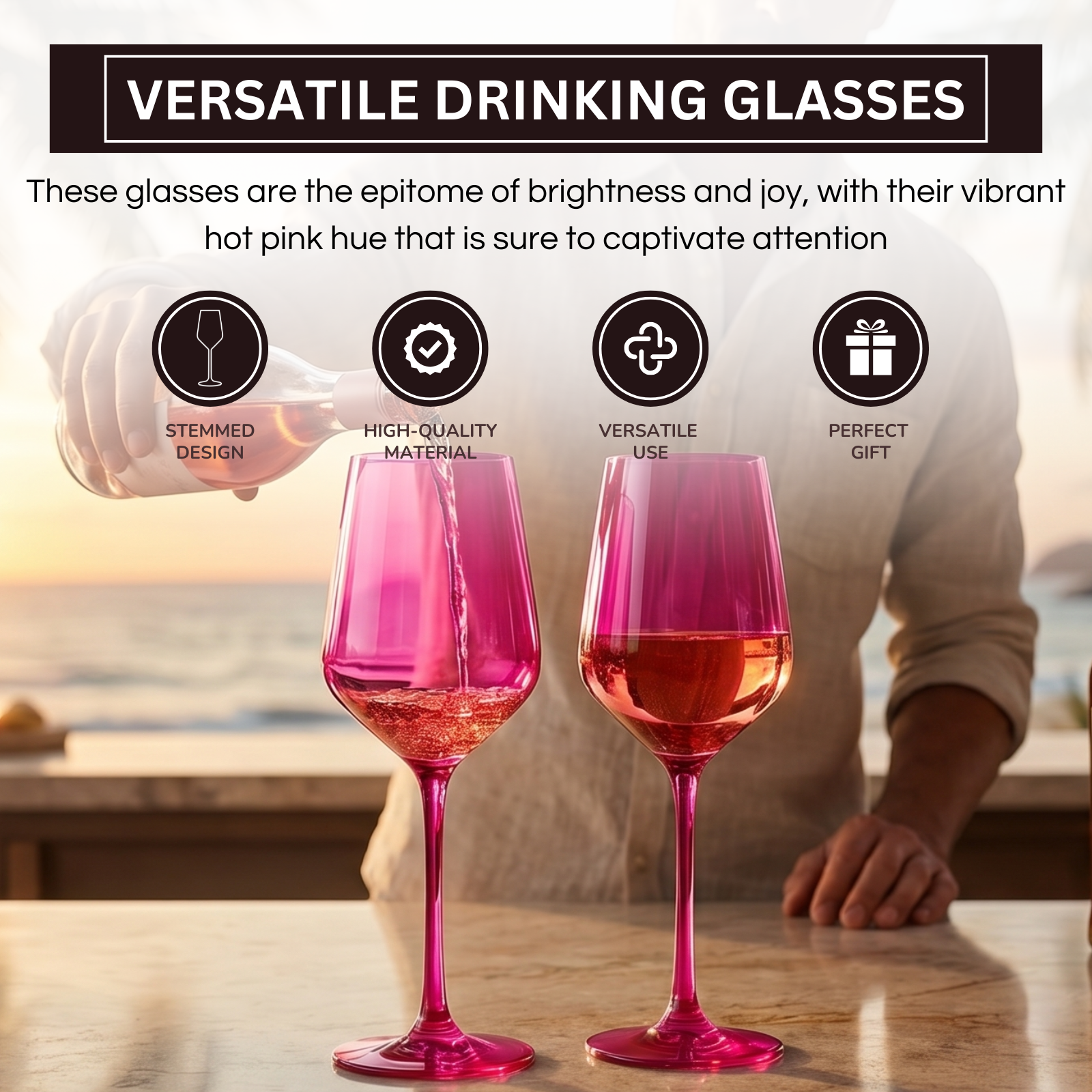Set of 2 hot pink stemmed wine glasses, tapered bowls on long stems