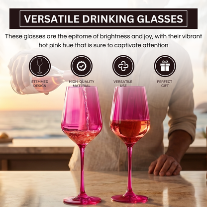 Set of 2 hot pink stemmed wine glasses, tapered bowls on long stems