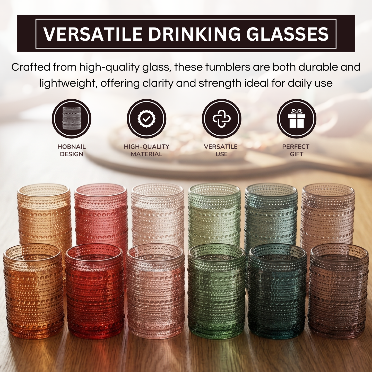 Set of 12 hobnail tumblers, stacked in amber, red, beige, green, and smoke gray