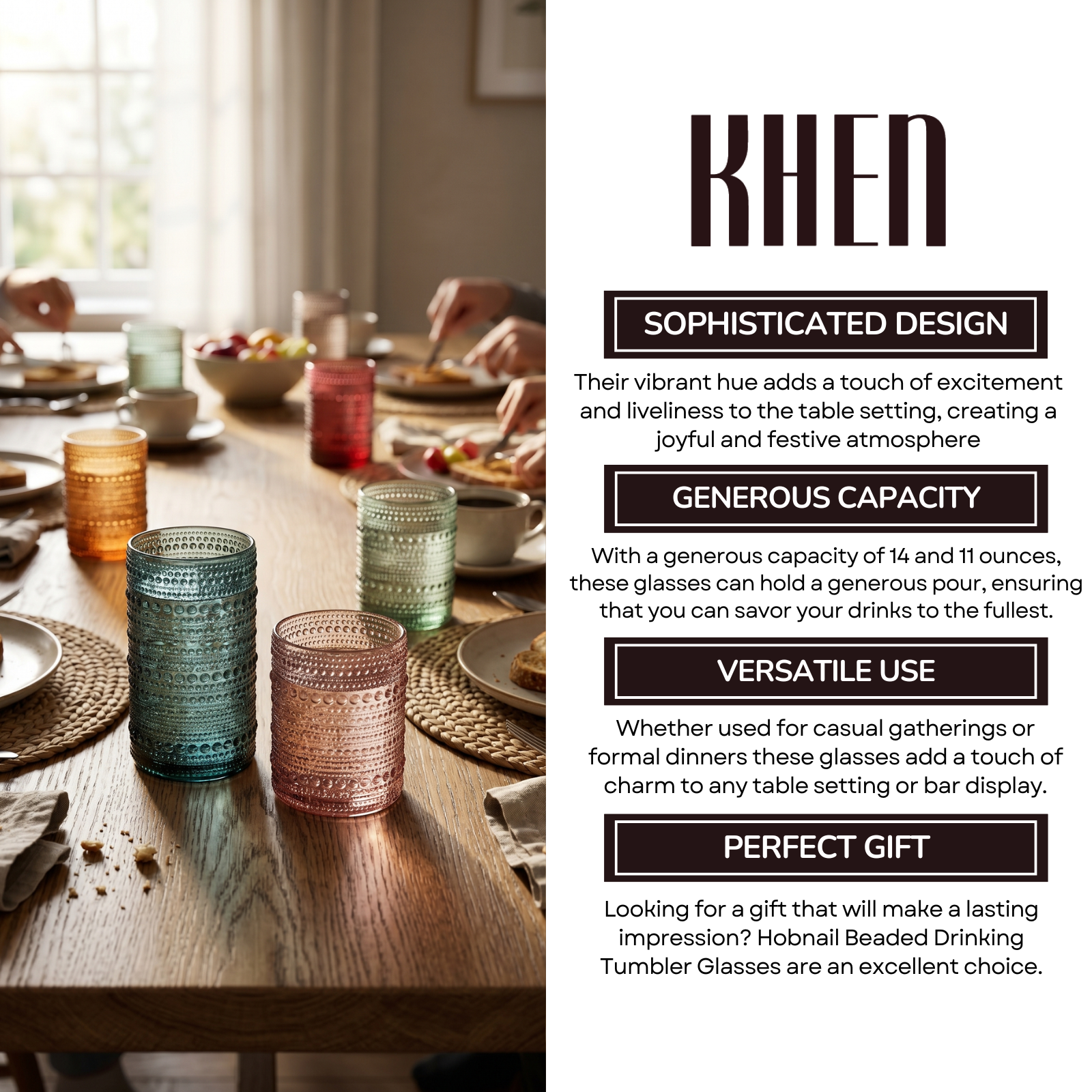 Hobnail tumbler set with tall glasses in teal, beige, and amber on dining table