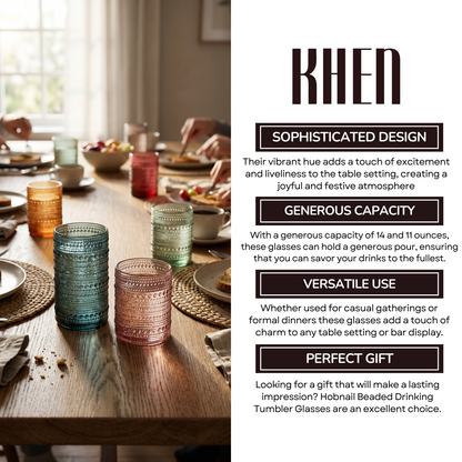 Hobnail tumbler set with tall glasses in teal, beige, and amber on dining table