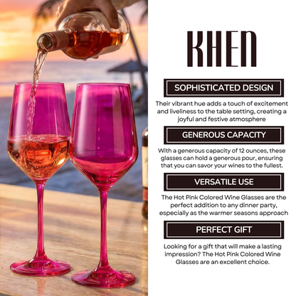 Hot pink stemmed wine glasses set of 2 with one filled, shown from front