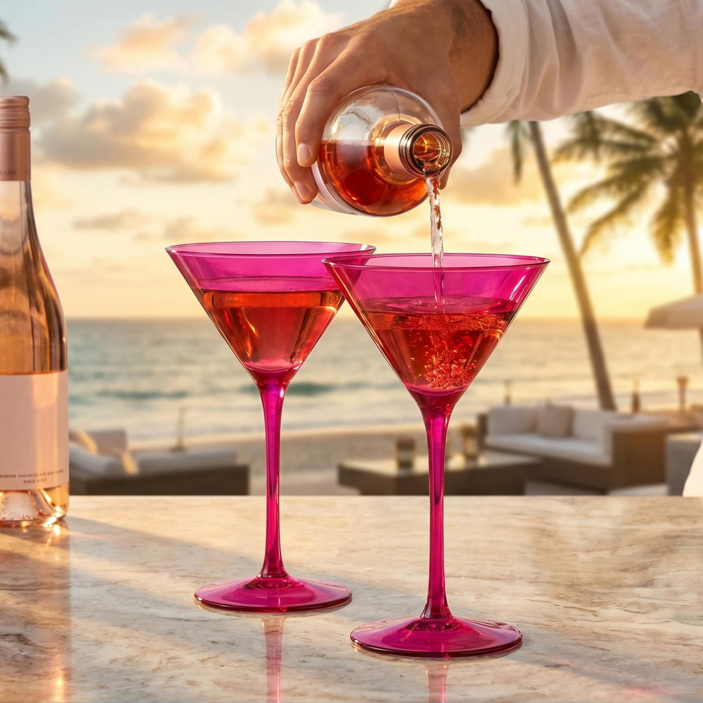 Hot pink martini glasses being filled, wide bowl and slim stem, set of 2.