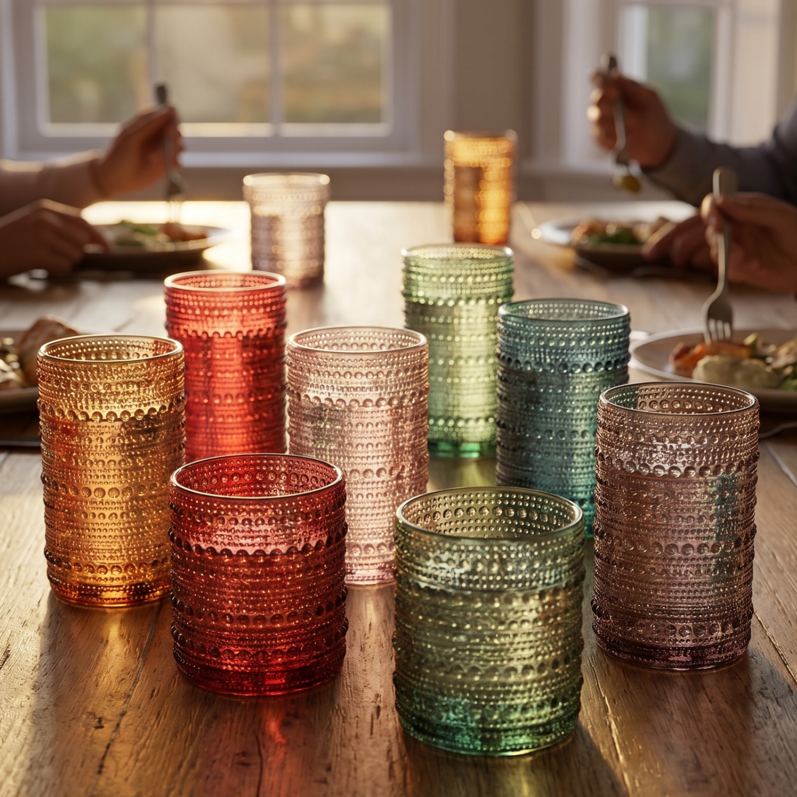 Set of 12 hobnail tumblers in amber, red, beige, green, and smoke gray, arranged on table