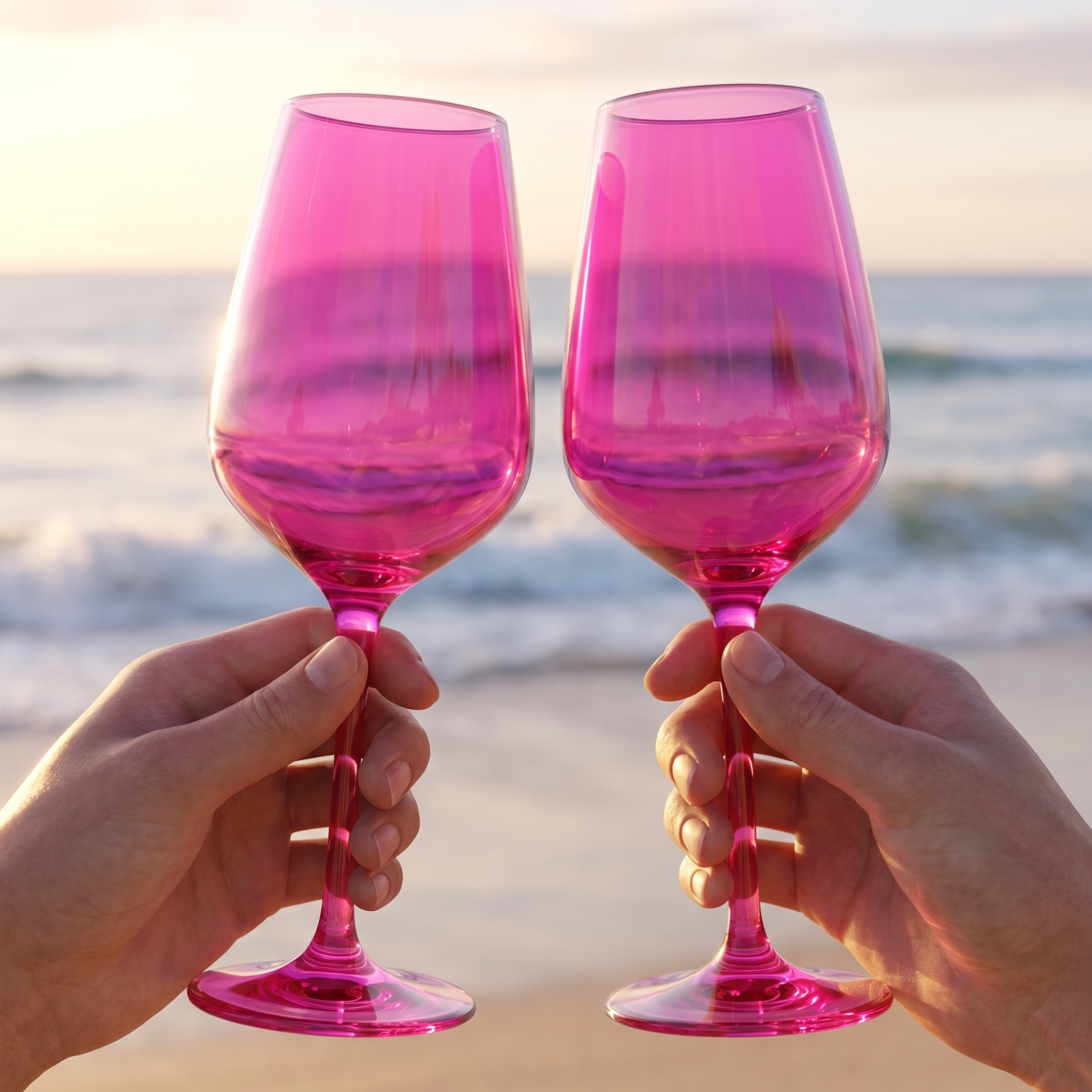 Set of 2 stemmed wine glasses in translucent pink with curved bowl and short stem