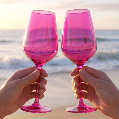 Set of 2 stemmed wine glasses in translucent pink with curved bowl and short stem