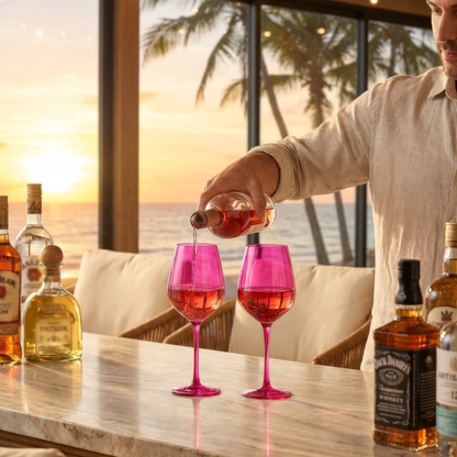 Set of 2 stemmed wine glasses with pink-tinted liquid in clear bowls