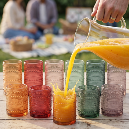 Orange drink poured into hobnail tumbler; set includes amber, red, beige, green, and teal