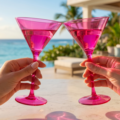 Two hot pink martini glasses with wide bowl and flat base, set of 2.