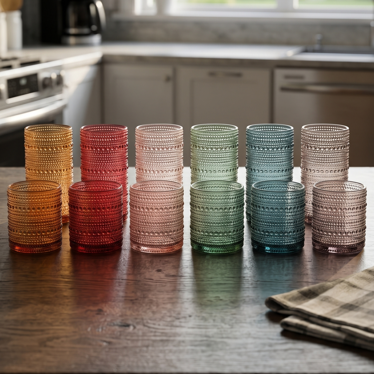 Set of 12 hobnail tumblers, stacked in amber, red, beige, green, teal, and gray