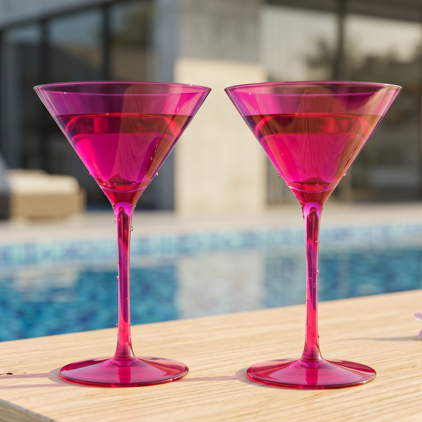 Hot pink martini cocktail glasses standing side by side, set of 2.