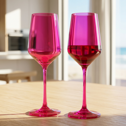 Set of 2 stemmed wine glasses in fuchsia pink, with long slender stems