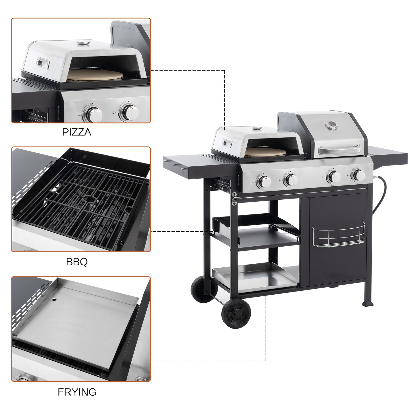 Gas grill and griddle combo with pizza compartment, grill grate, and frying tray insets
