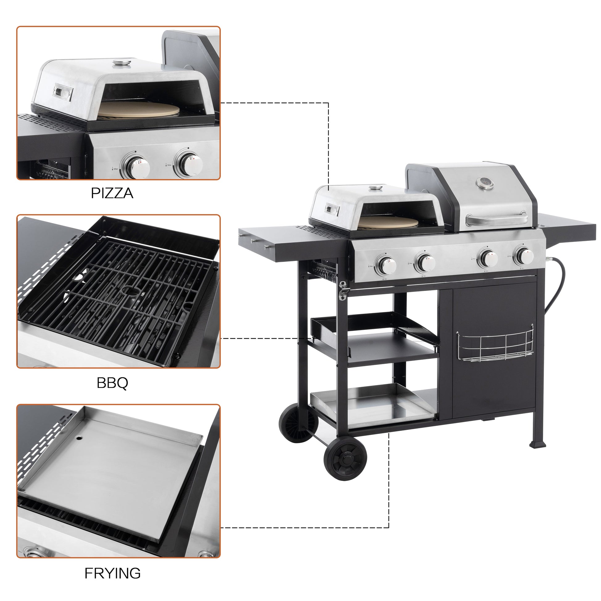 Gas grill and griddle combo with pizza compartment, grill grate, and frying tray insets