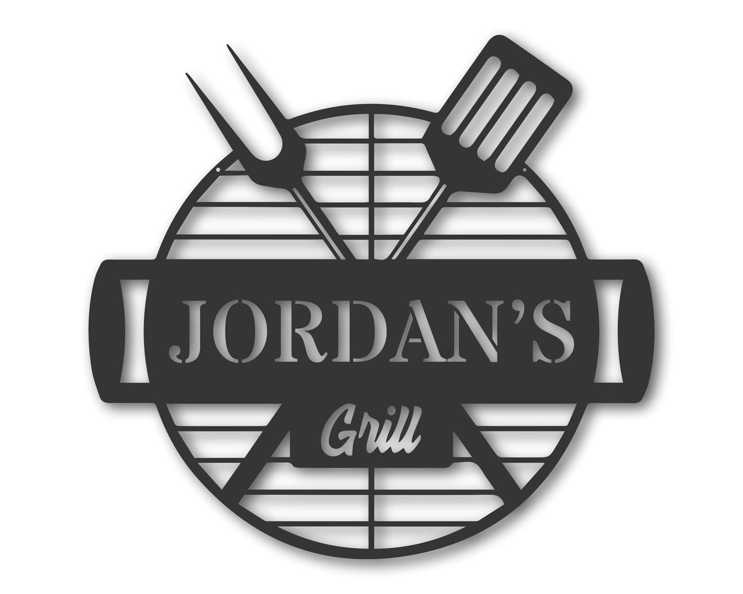 Black metal backyard grill wall sign with Jordan's Grill text and utensils graphic