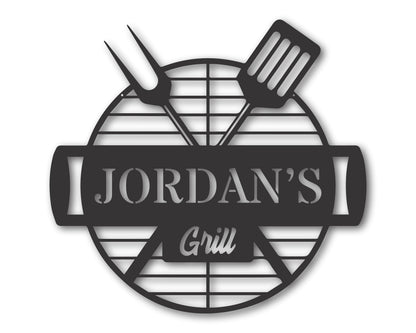 Black metal backyard grill wall sign with Jordan's Grill text and utensils graphic