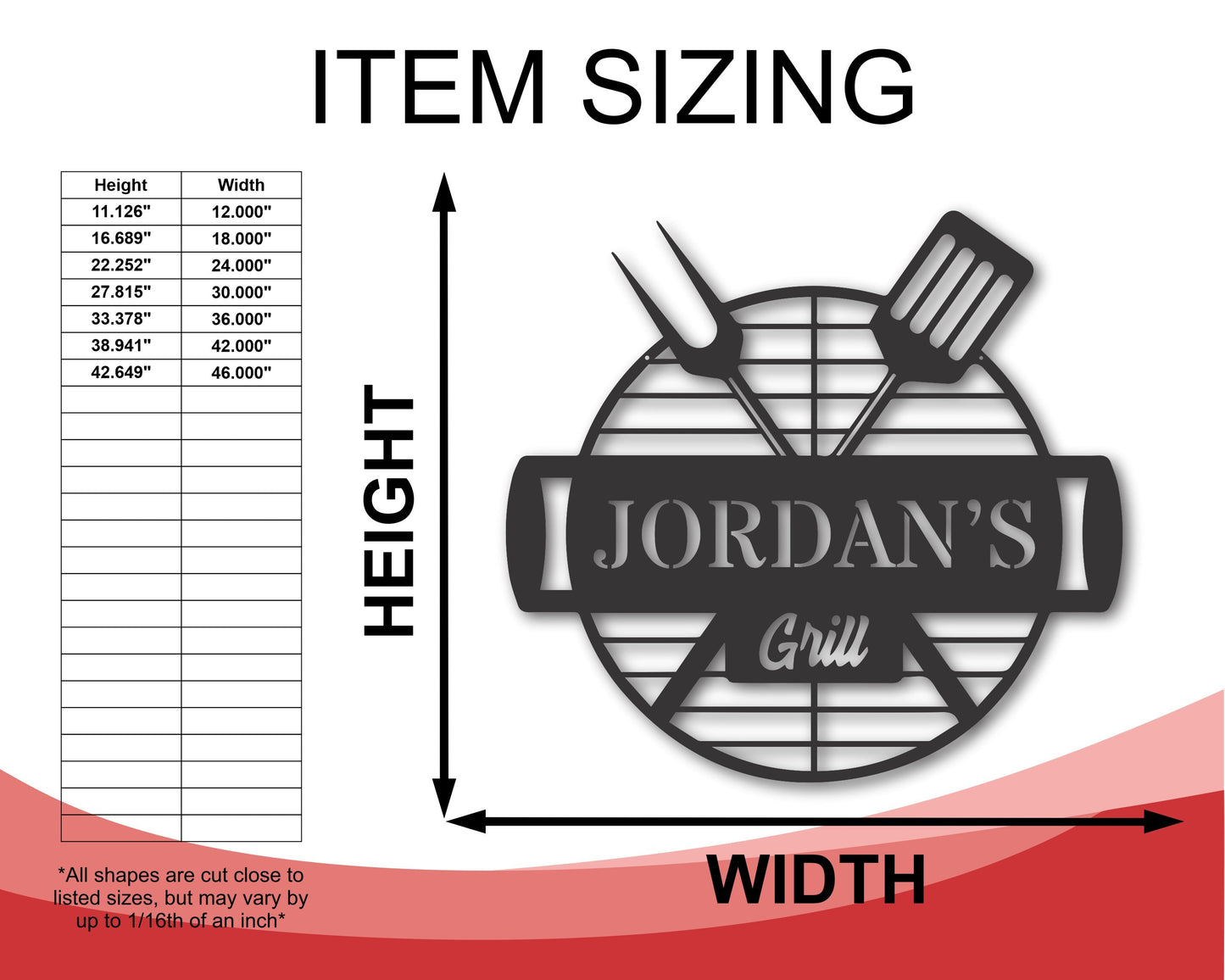 Item sizing diagram for black Jordan's Grill metal sign, with height and width arrows