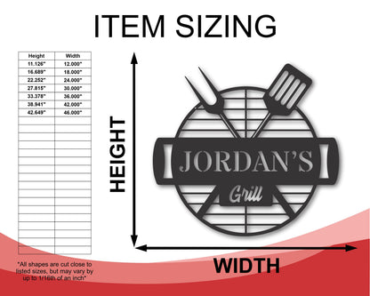 Item sizing diagram for black Jordan's Grill metal sign, with height and width arrows