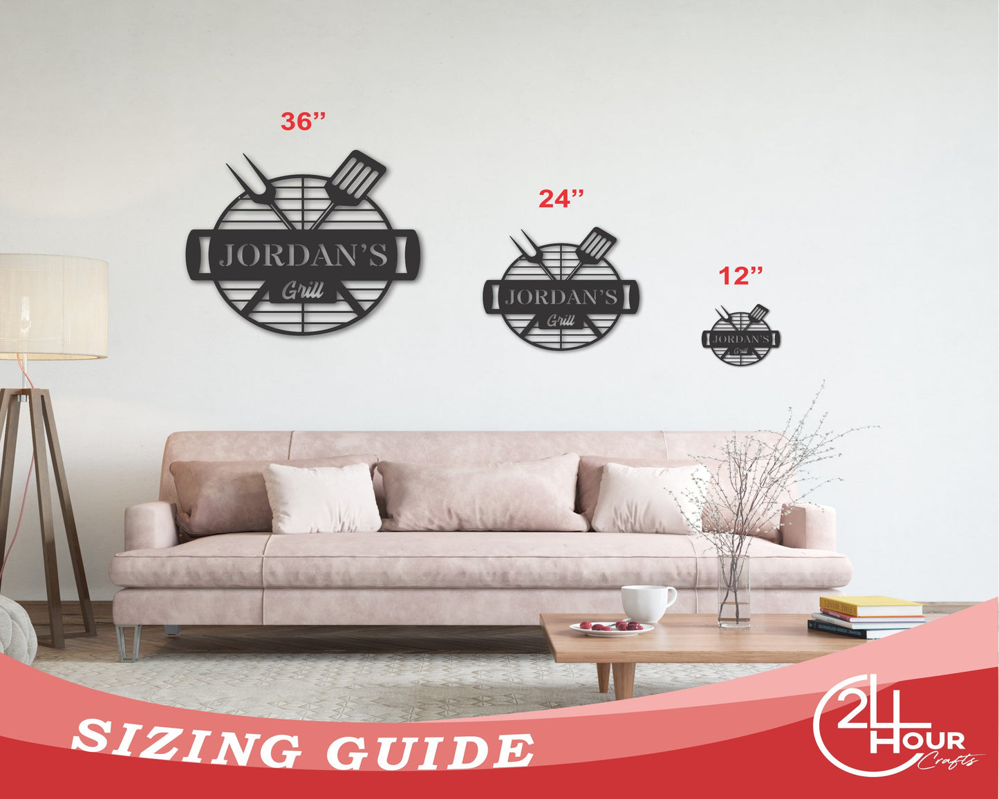 Jordan's Grill black metal wall signs in three sizes: 36", 24", and 12"