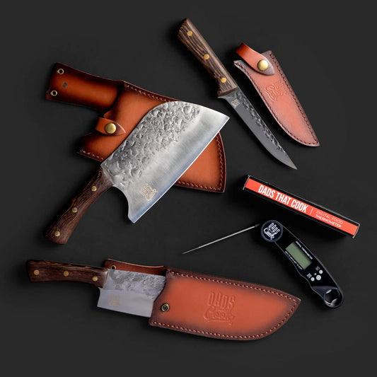 BBQ Beast knife set with brown handles, leather sheaths, and thermometer tool