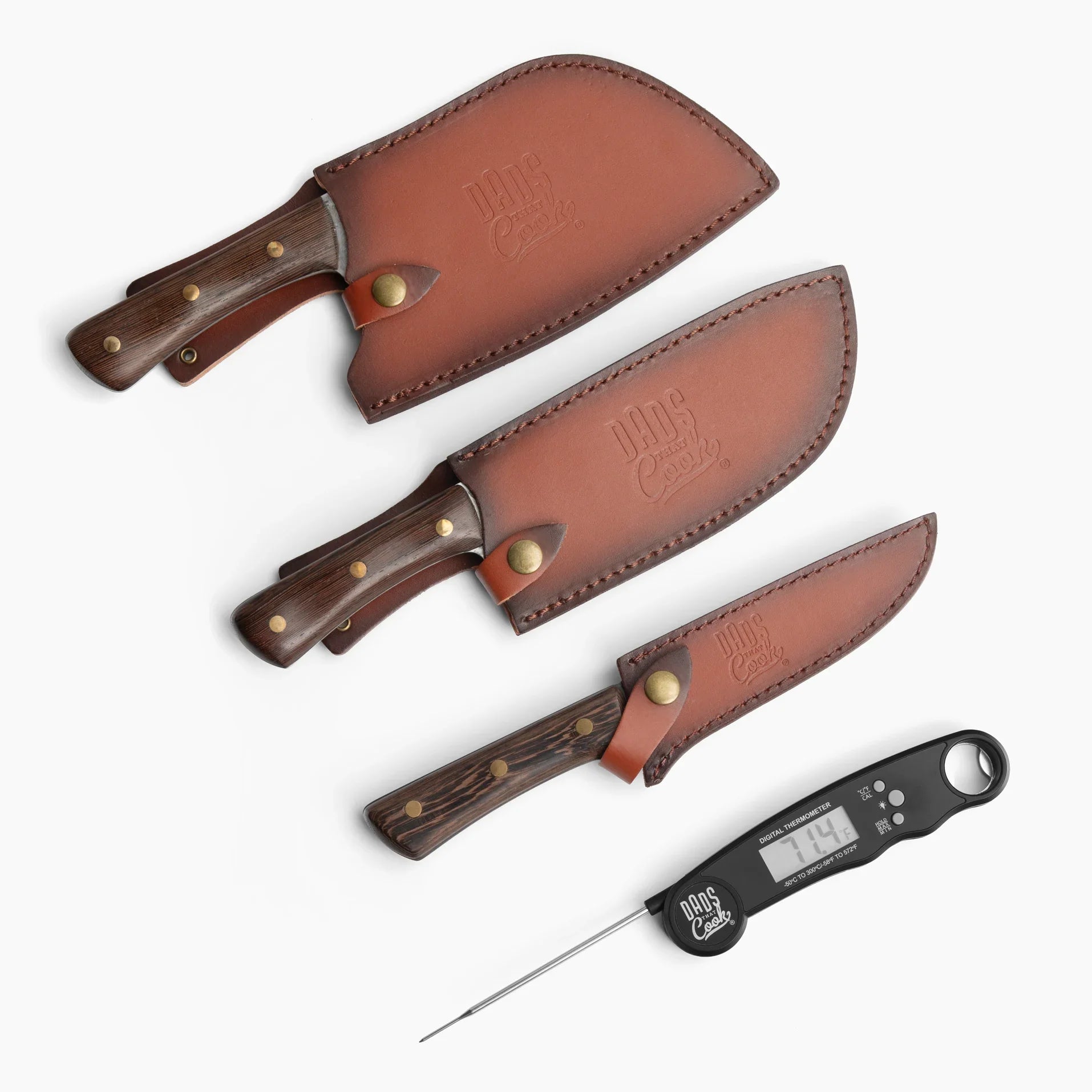 Three wood-handled BBQ knives with brown leather sheaths; thermometer tool included