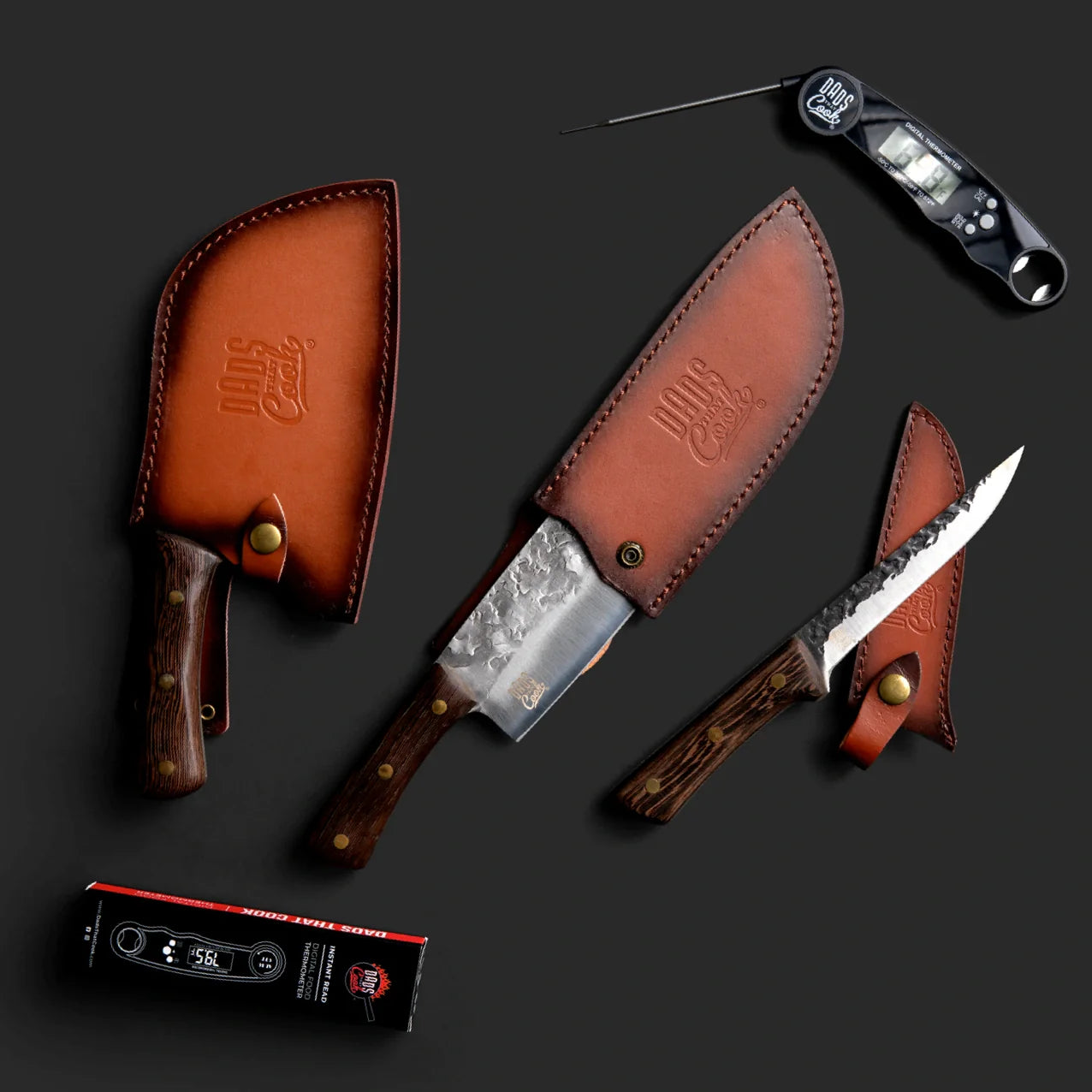 BBQ knife set with brown leather pouches and wood-handled knives; thermometer included