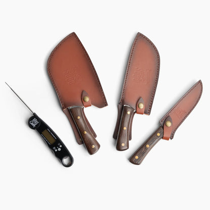 BBQ Beast knife set: two large leather-sheathed knives plus smaller knife and thermometer