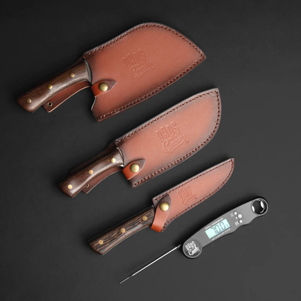 BBQ Beast knife kit: three wood-handled knives with brown leather sheaths
