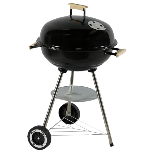 Black charcoal BBQ grill with round lid, side handle, and 2 wheel cart stand