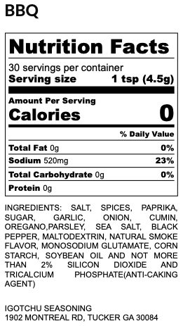 Nutrition Facts panel for smoked barbeque seasoning blend, 0 calories per serving