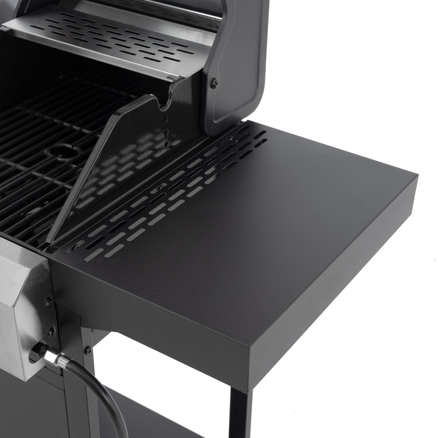Stainless side griddle surface with vented tray, black grill control area