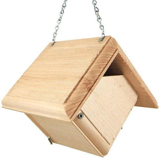 Pine wood hanging bird house with hinged side door, natural light wood finish
