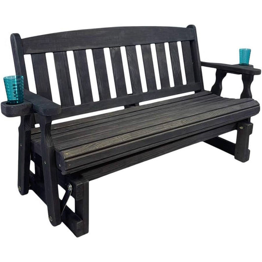 Black wooden porch glider bench with arched slat back, slat seat, and dual cupholders