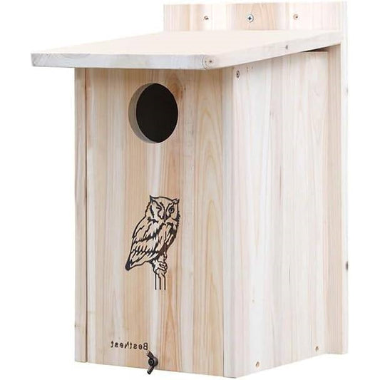 Wood bird house with round entrance hole and owl graphic