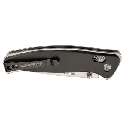 4.5 in folding knife with black button-lock handle and stainless blade