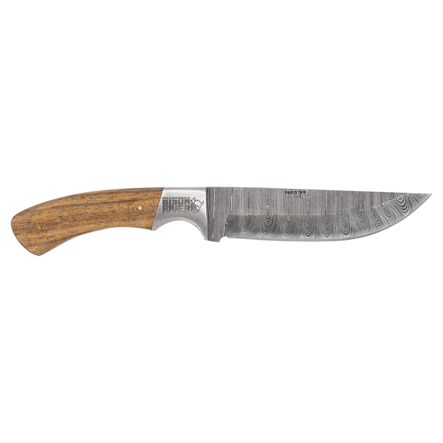 Fixed Damascus blade knife with wooden handle and damascus-pattern steel blade