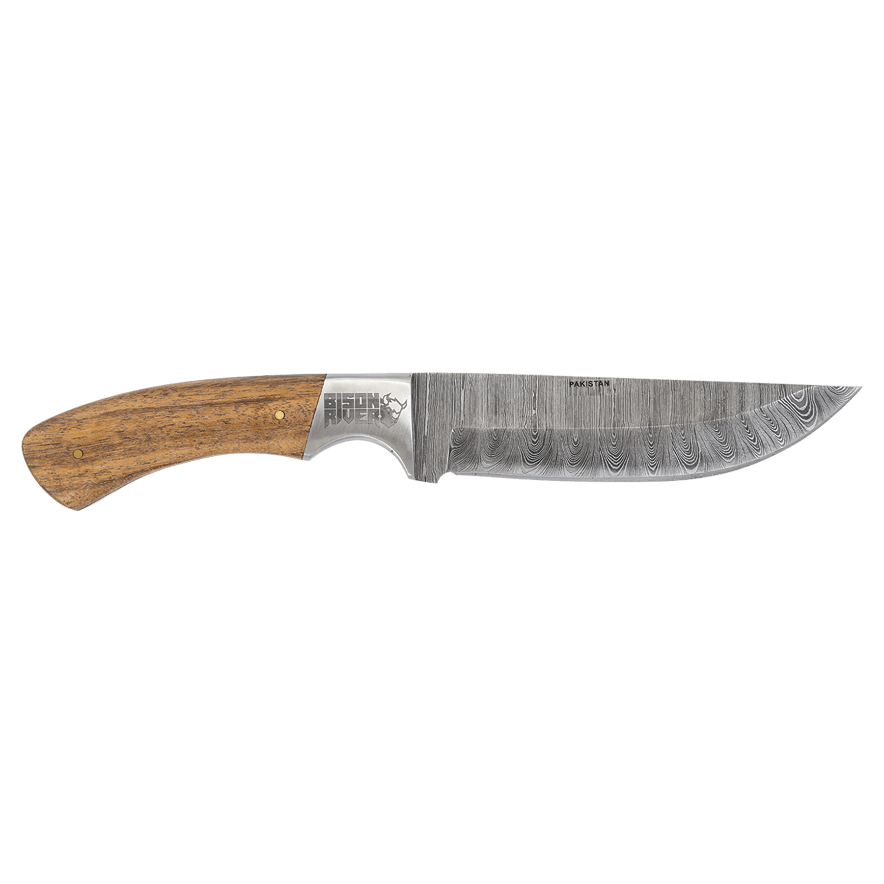 Fixed Damascus blade knife with wooden handle and damascus-pattern steel blade