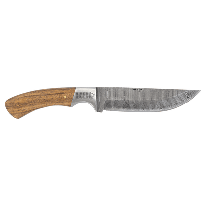 Fixed Damascus blade knife with wooden handle and damascus-pattern steel blade