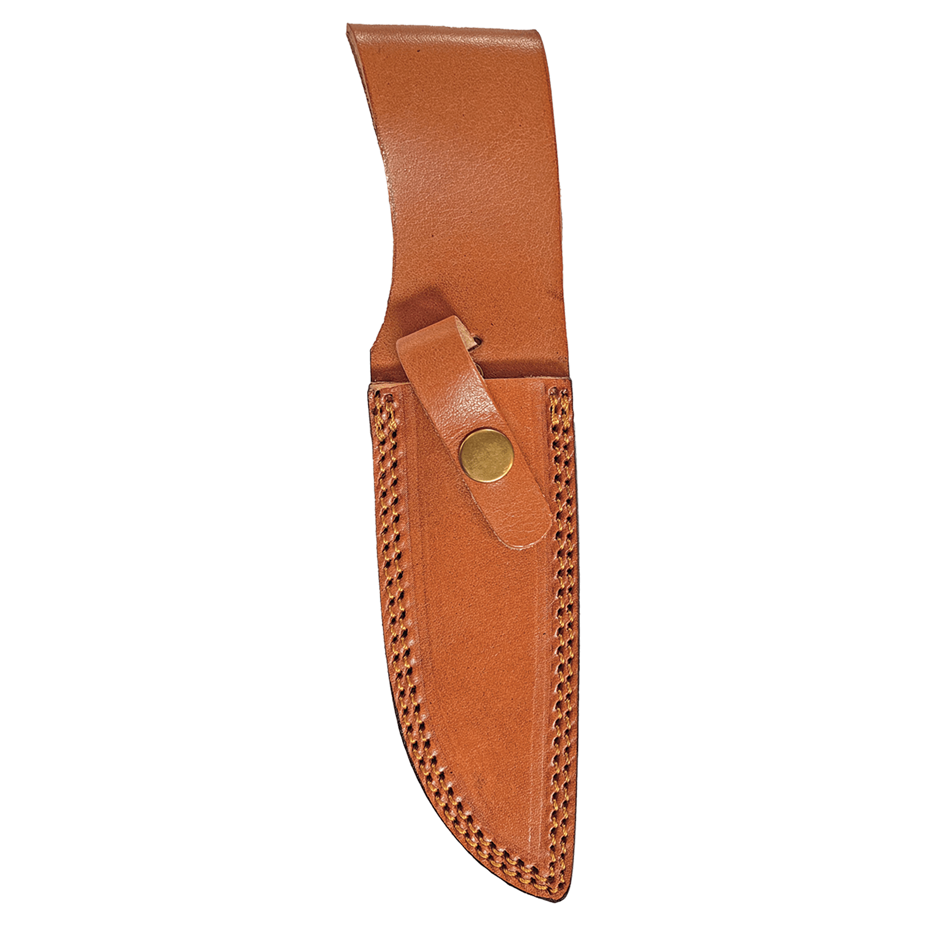 Tan leather knife sheath with brass snap and stitched trim