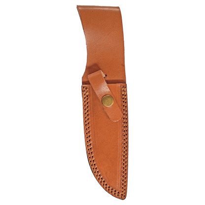 Tan leather knife sheath with brass snap and stitched trim