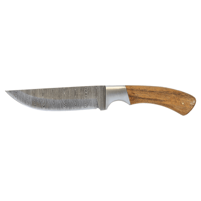 Fixed Damascus blade knife with wooden handle and damascus-pattern steel