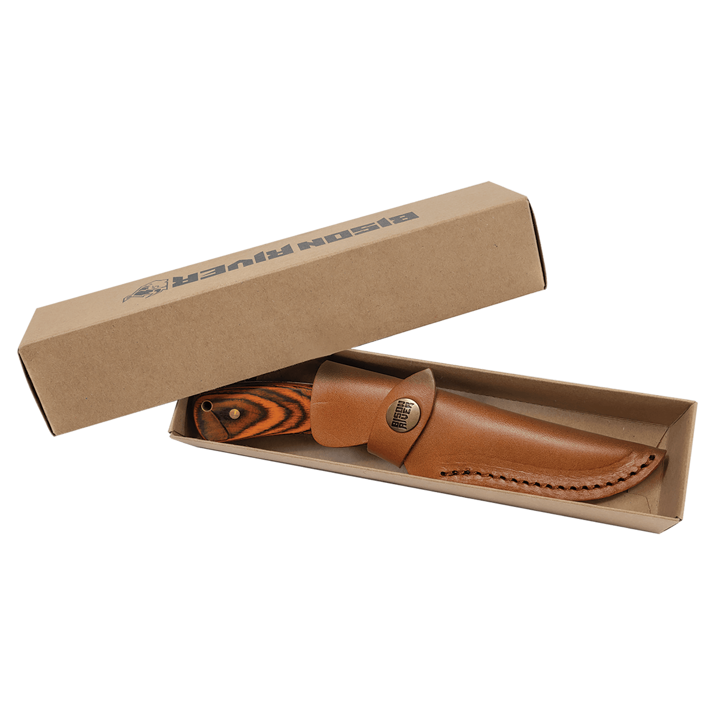 Fixed blade knife with tan leather sheath and striped wood handle, in open cardboard packaging