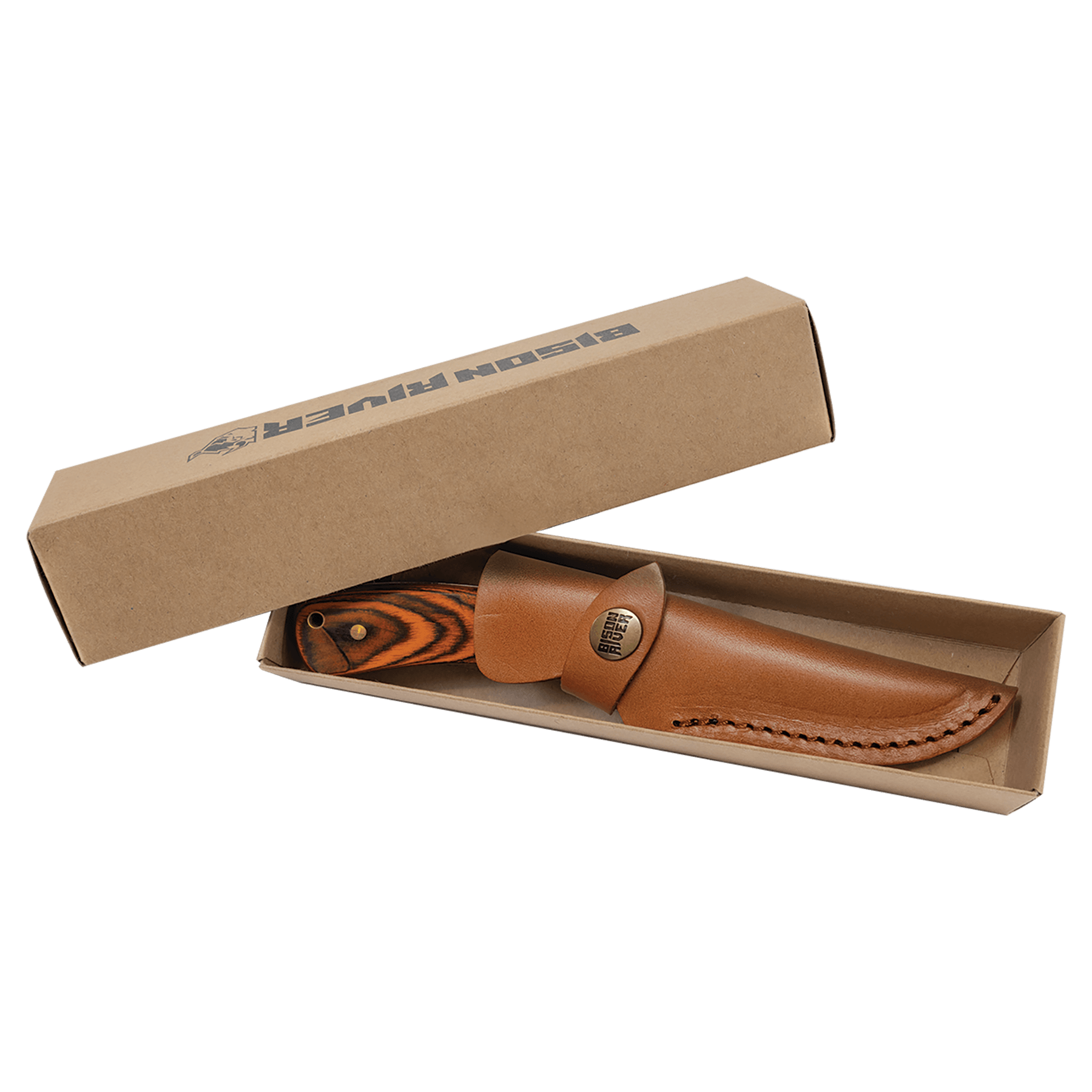Fixed blade knife with tan leather sheath and striped wood handle, in open cardboard packaging