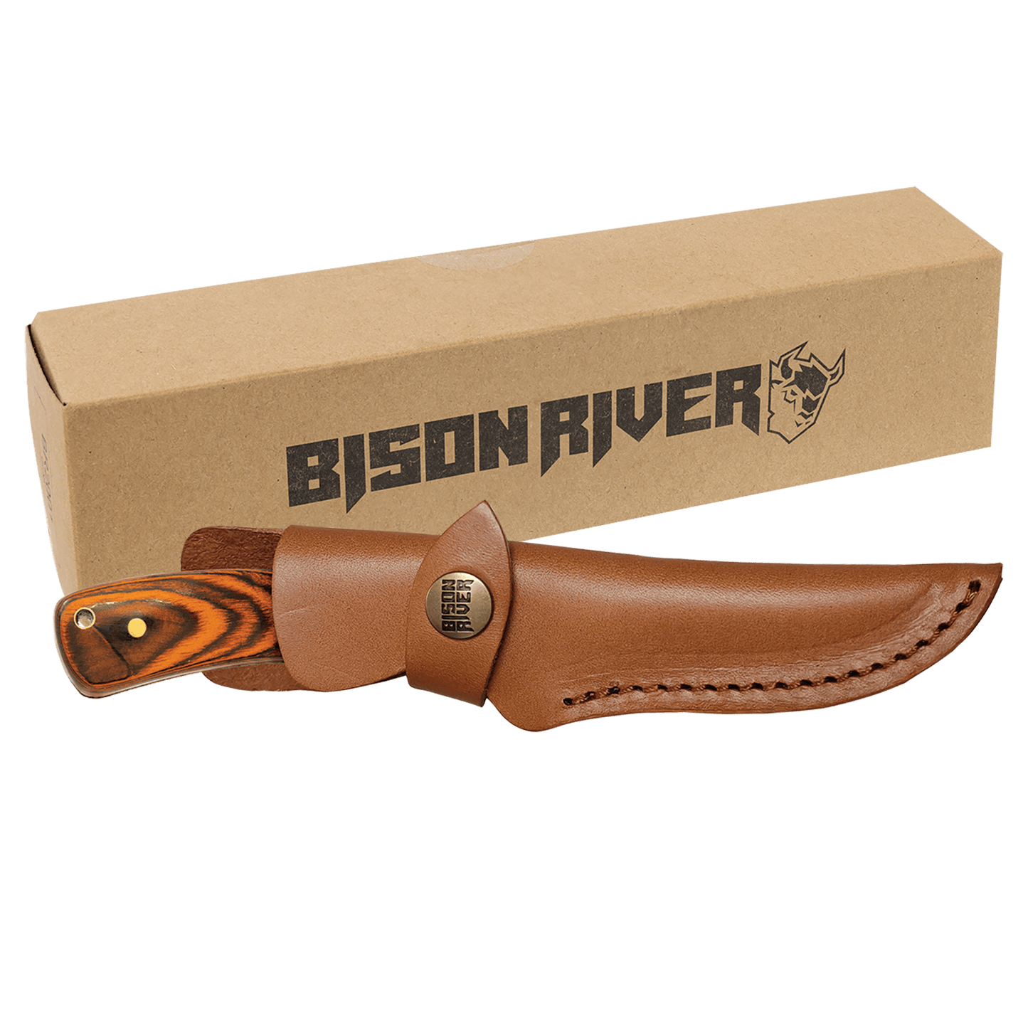 Fixed blade knife with tan leather sheath and striped wood handle, with branded box