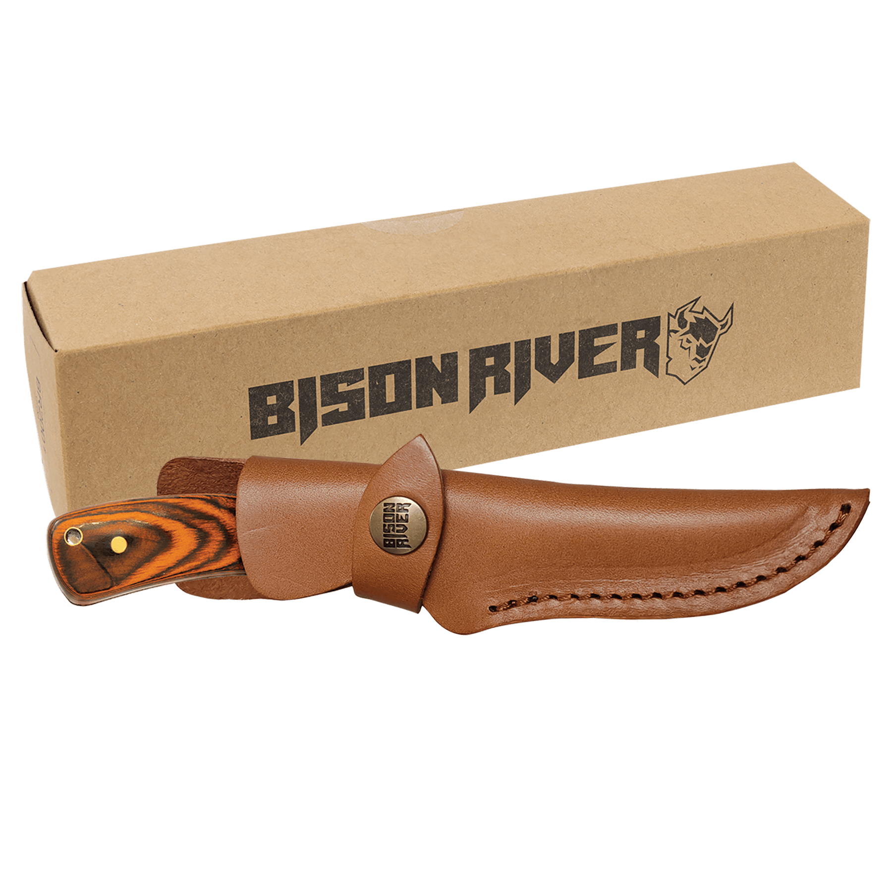 Fixed blade knife with tan leather sheath and striped wood handle, with branded box