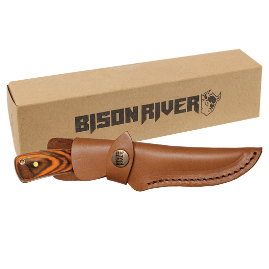 Fixed blade knife with tan leather sheath and striped wood handle, with branded box