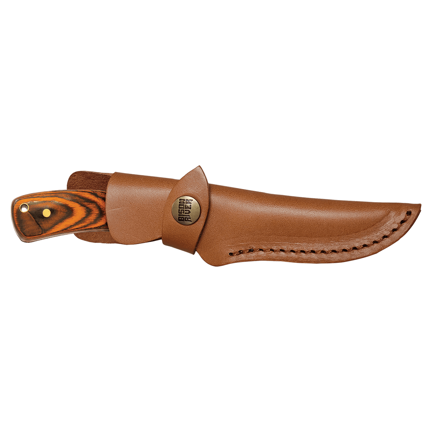 Fixed blade knife with tan leather sheath and striped wood handle