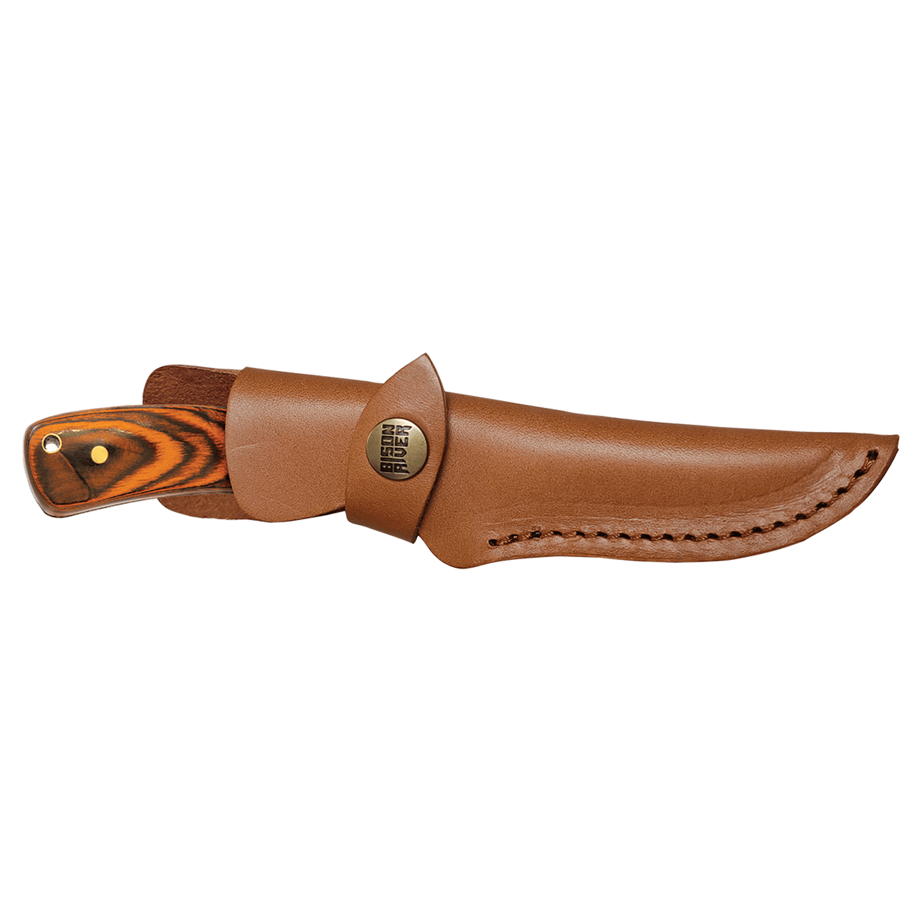 Fixed blade knife with tan leather sheath and striped wood handle