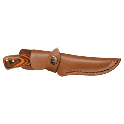 Fixed blade knife with tan leather sheath and striped wood handle