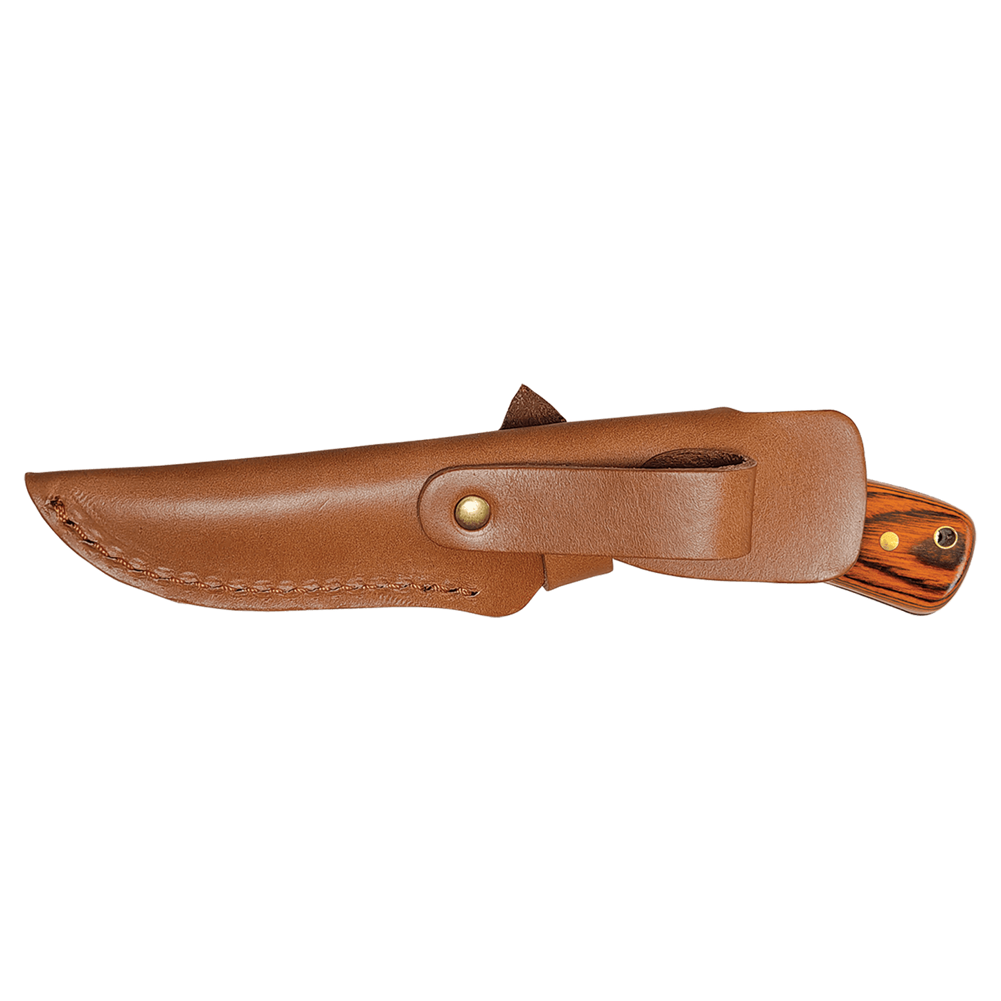 Fixed blade knife with tan leather sheath and striped wood handle with brass pin
